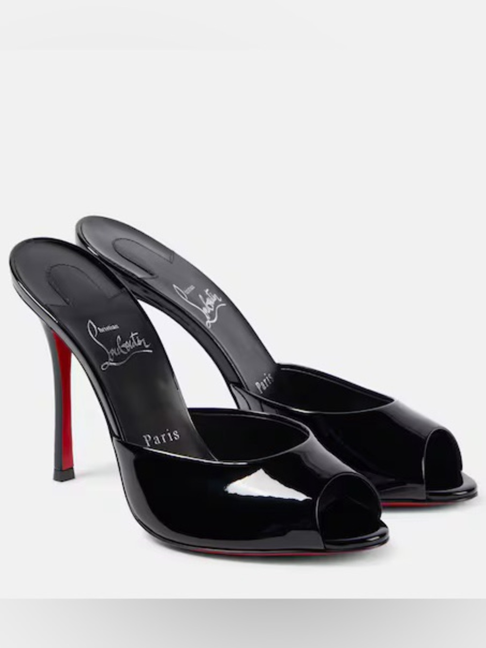 Christian Louboutin Black Patent Peep-Toe Mules with Red Soles